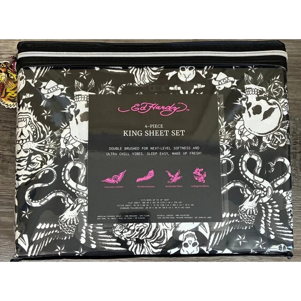 Ed Hardy Black w/White Tigers, Skulls, Cobras Tattoo Print 4pc KING Sheet Set